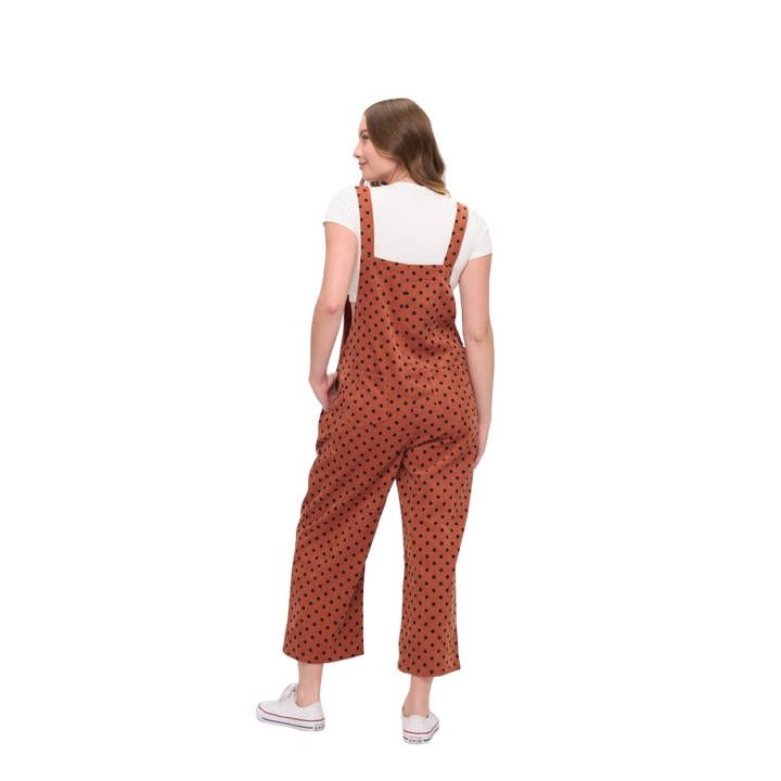 Rust Polka Dot Print Wide Leg Corduroy Overalls