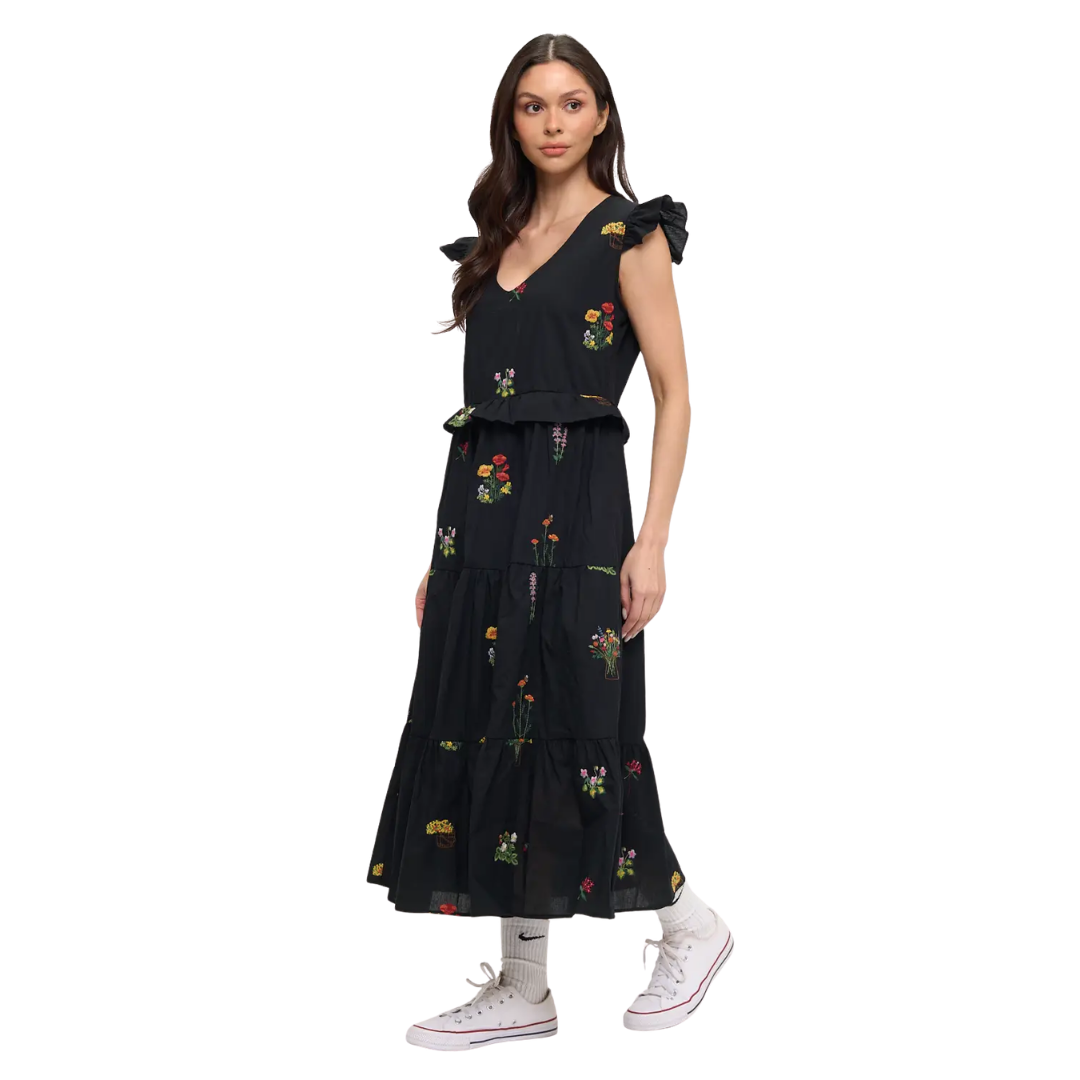Midnight Meadow Embroidery Ruffle-Sleeve Midi Dress