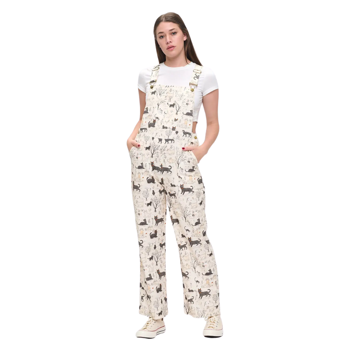 Whimsical Cat Forest Print Overalls