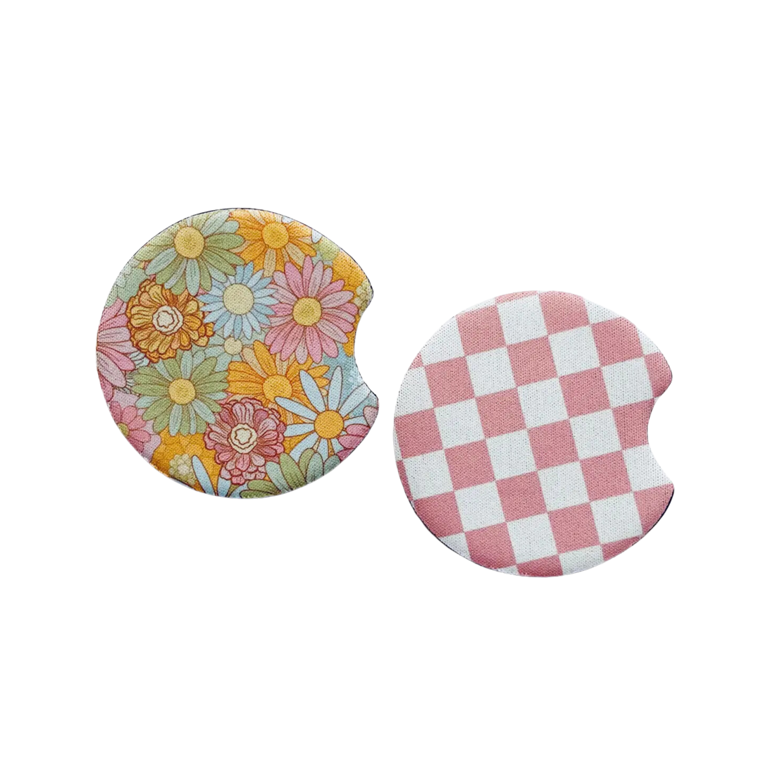 2 Car Coasters, Retro Floral and Pink Check