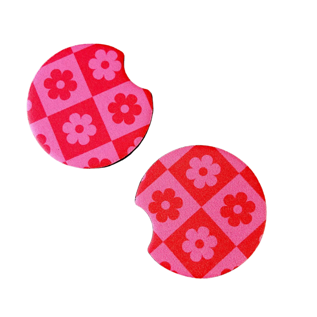 2 Car Coasters, Pink Checkered Daisy Design