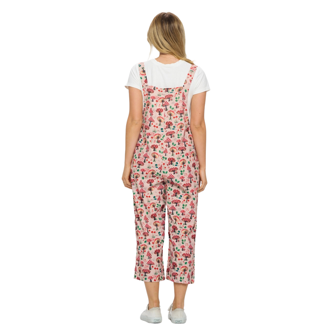 Red Mushroom Floral Print Overalls With Pockets