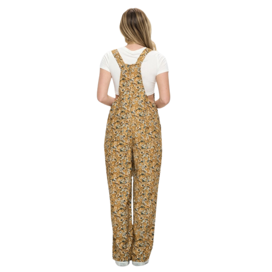 Mustard Floral Abstract Corduroy Overalls with Pockets