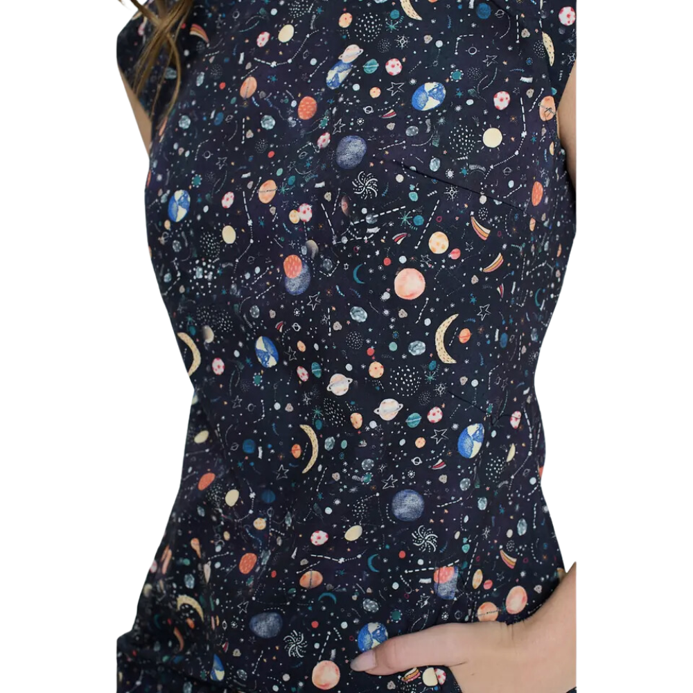Planets Print Navy Blue Dress With Pockets