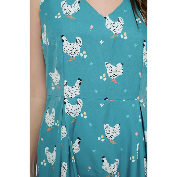 Rooster Print Dress With Pockets