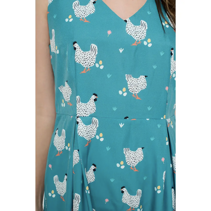 Rooster Chicken Print Dress With Pockets