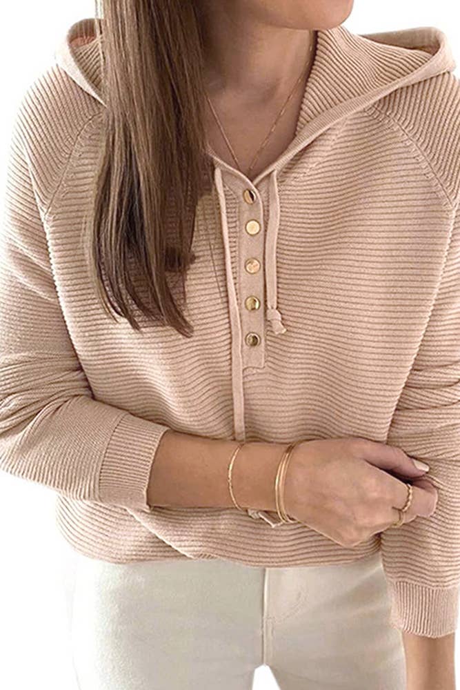 Blush Solid Buttons Long Sleeve Hoodie