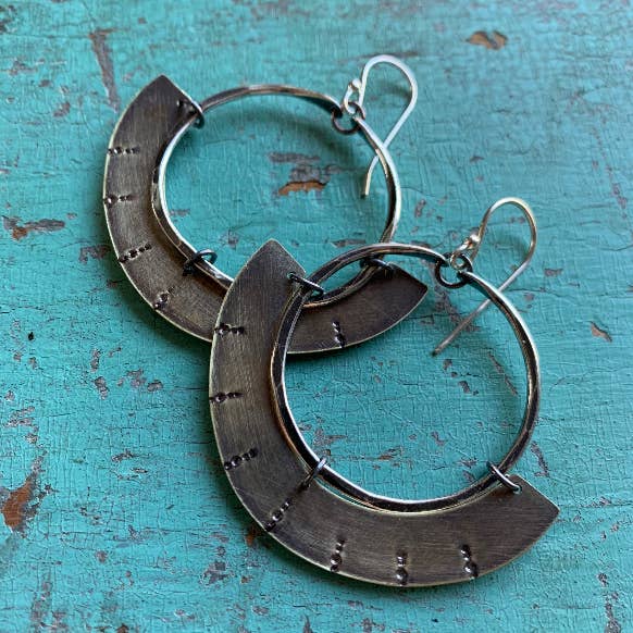 Mezzaluna Earrings - Silver Hoop w/ Thin, Stamped Brass Blade