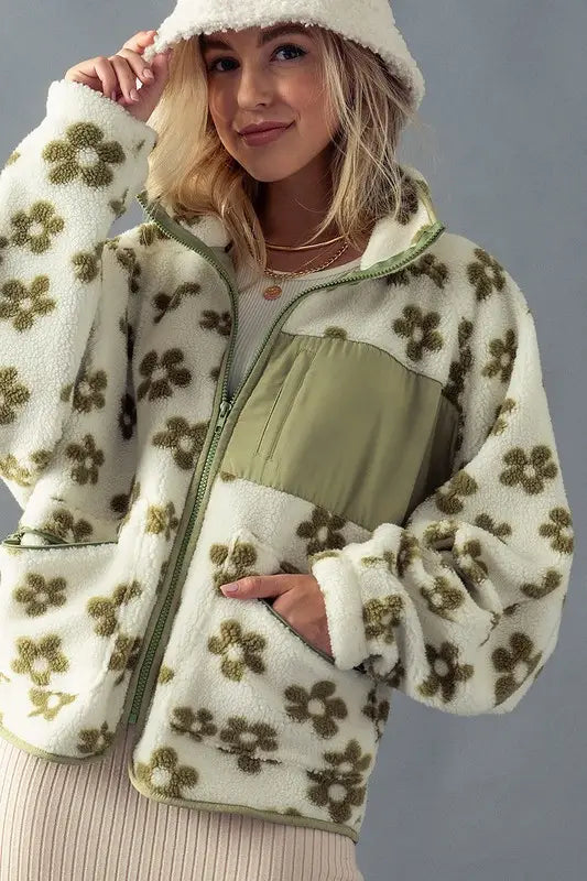 Flower Print Zip Up Cozy Fleece Jacket