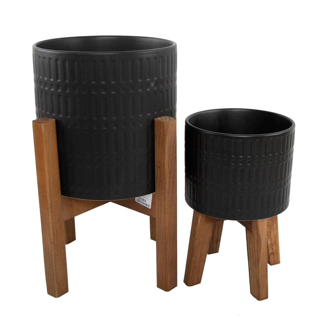 Roman Black Planter with Wood stand