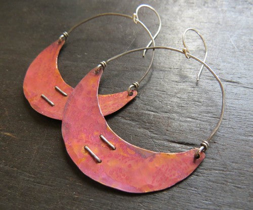 Copper Stitched Crescent Earrings Large