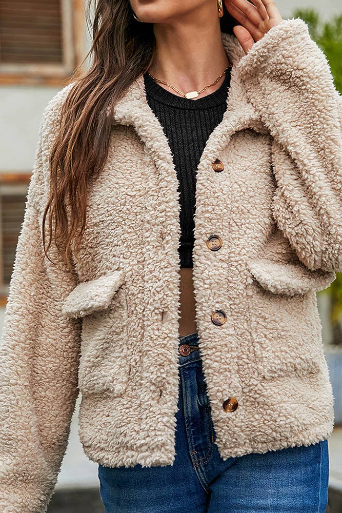 Faux Shearling Buttons Front Teddy Coat