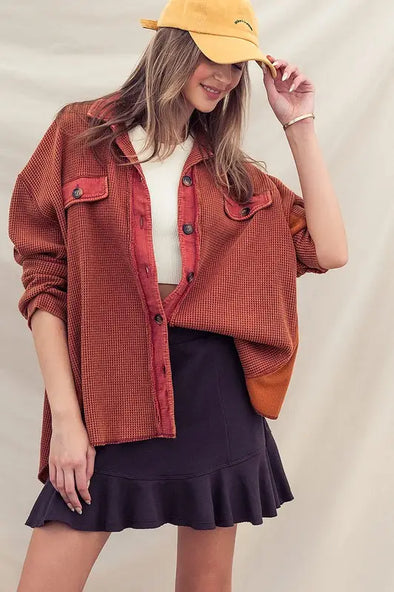 Washed Waffle Knit Button Up Oversized Shacket
