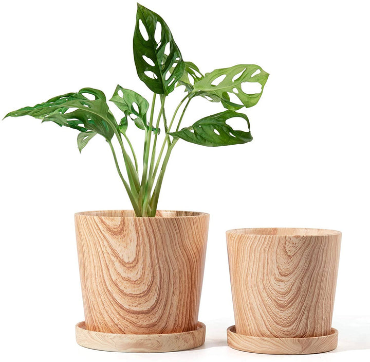 Wood Pattern Ceramic Planter with Tray