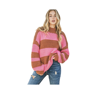 Color Stripe Basic Pullover Sweater Top - Brown Pink