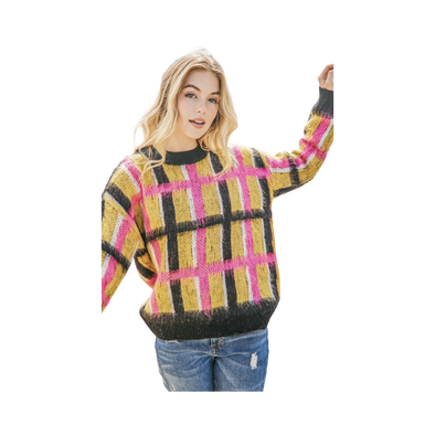 Multi Color Plaid Print Pullover Sweater