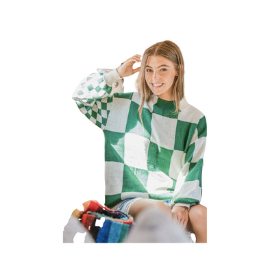 Checkerboard Print Pullover Sweater