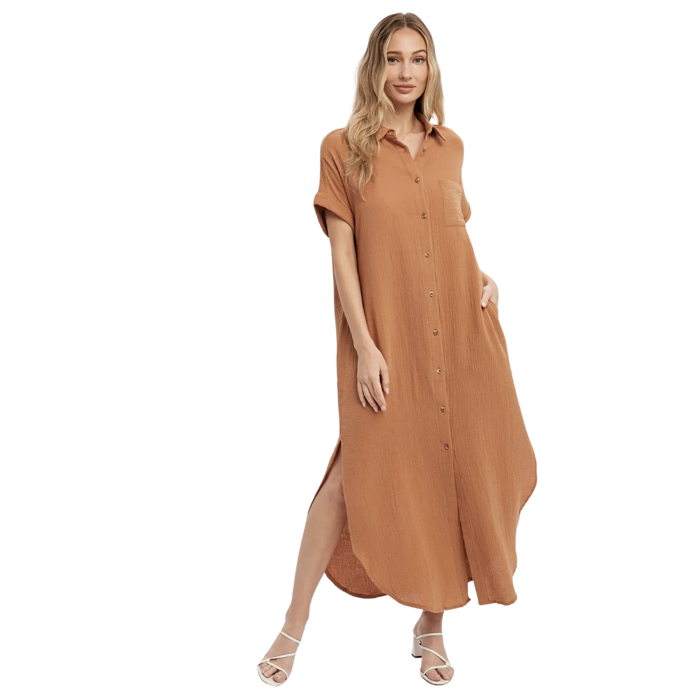 Button Up Maxi Shirt Dress - Camel