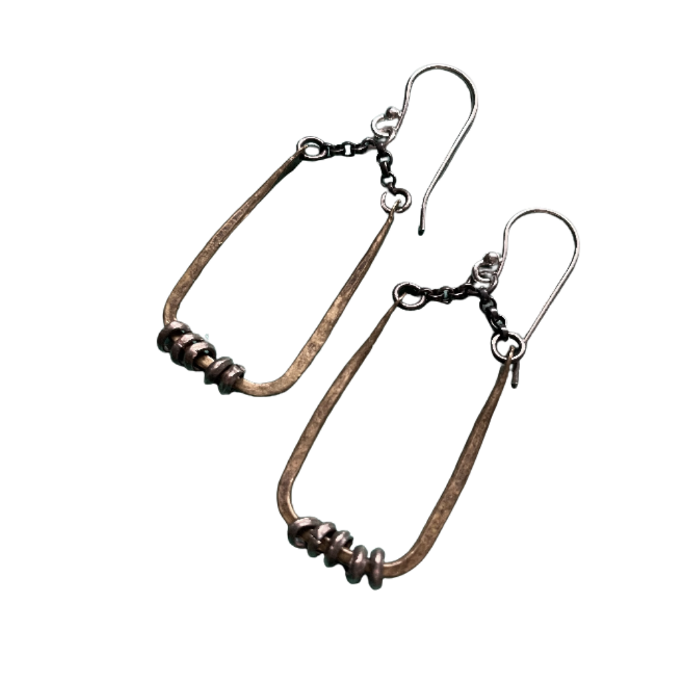 Tiny Forged Brass Rectangular Earrings with Heishi Beads