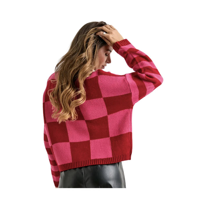 Heart checker stripe mixed pattern sweater top