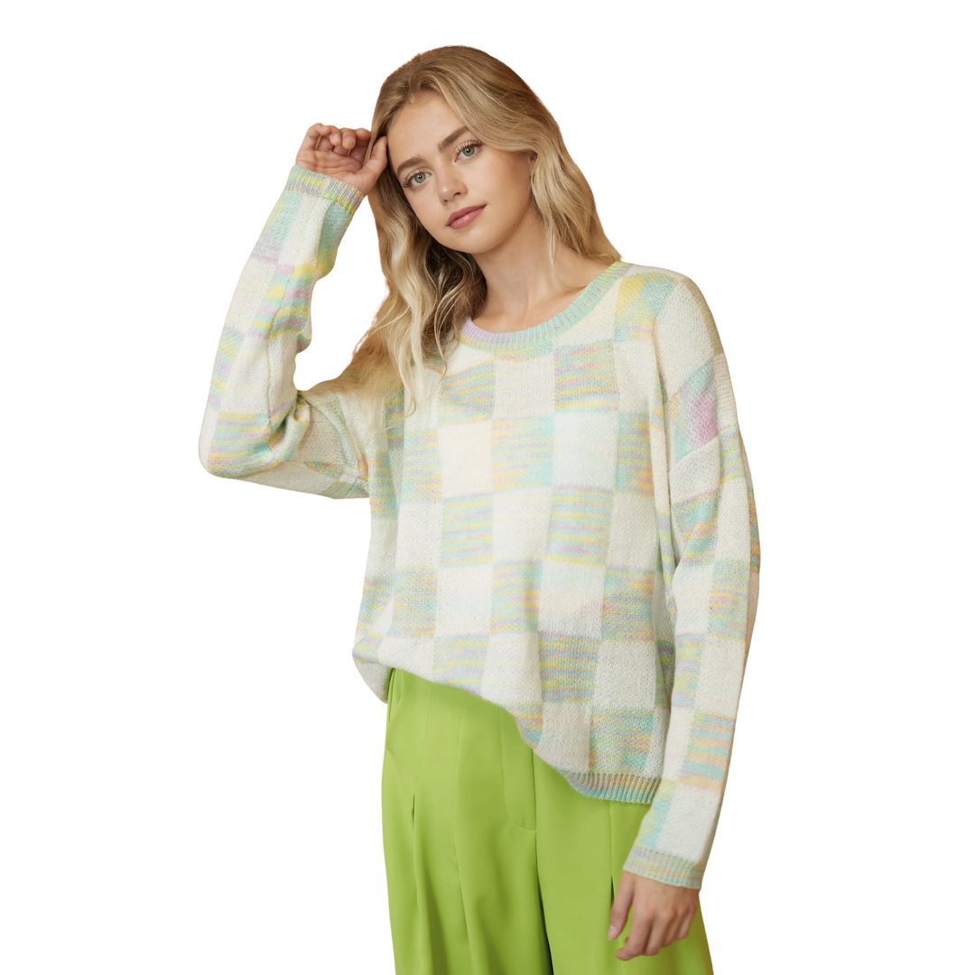 Thread Checkered Sweater Top Cream