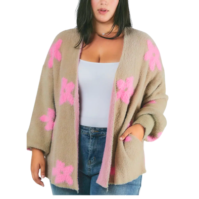 Plus Floral Printed Cardigan - Taupe