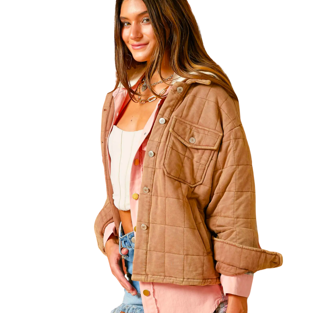 Mineral Wash Quilted Shirket Jacket - mocha