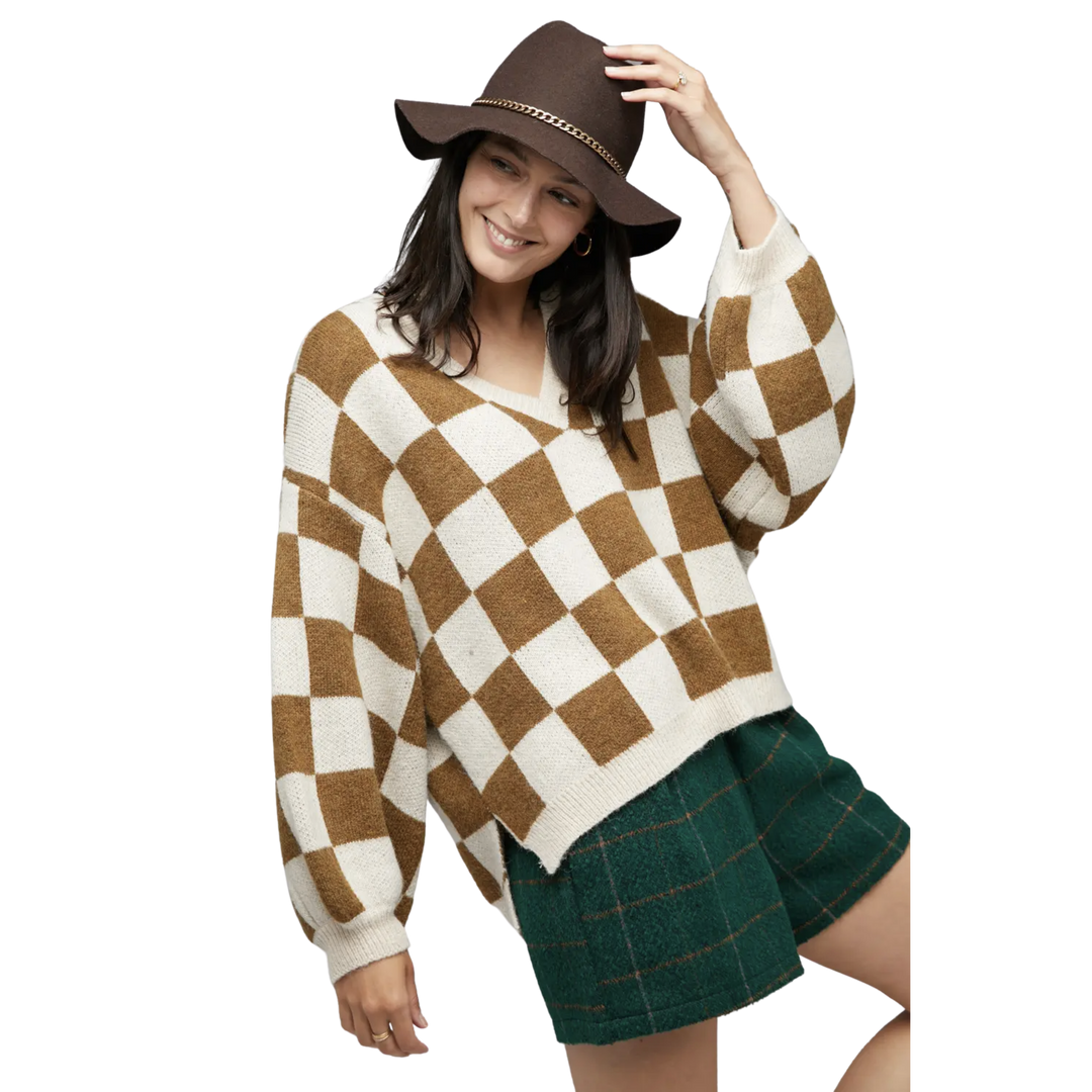 Checker V Neck Sweater Top Mocha