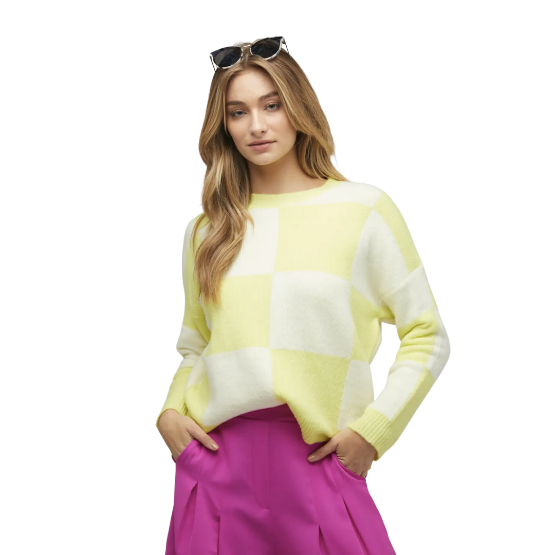 Monochrome Big Checker Fuzzy Block Sweater Top Neon Yellow