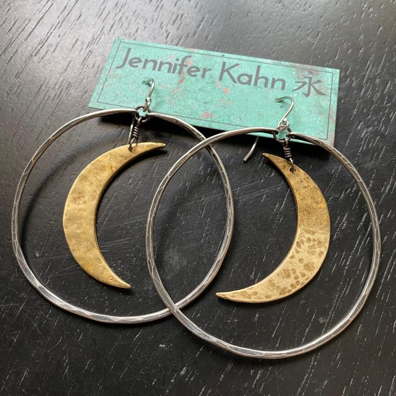 Moon Hoop Earrings - Silver Hoops, Brass Moons