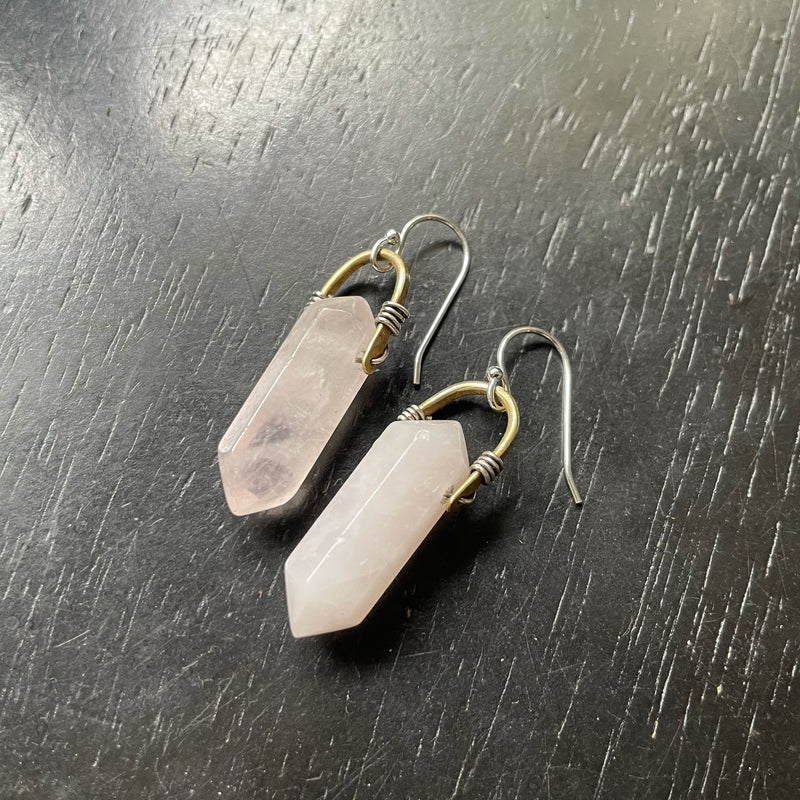 "Small" Taliswoman Rose Quartz Earrings: Small Brass Bail, Sterling Silver Wire Wrap