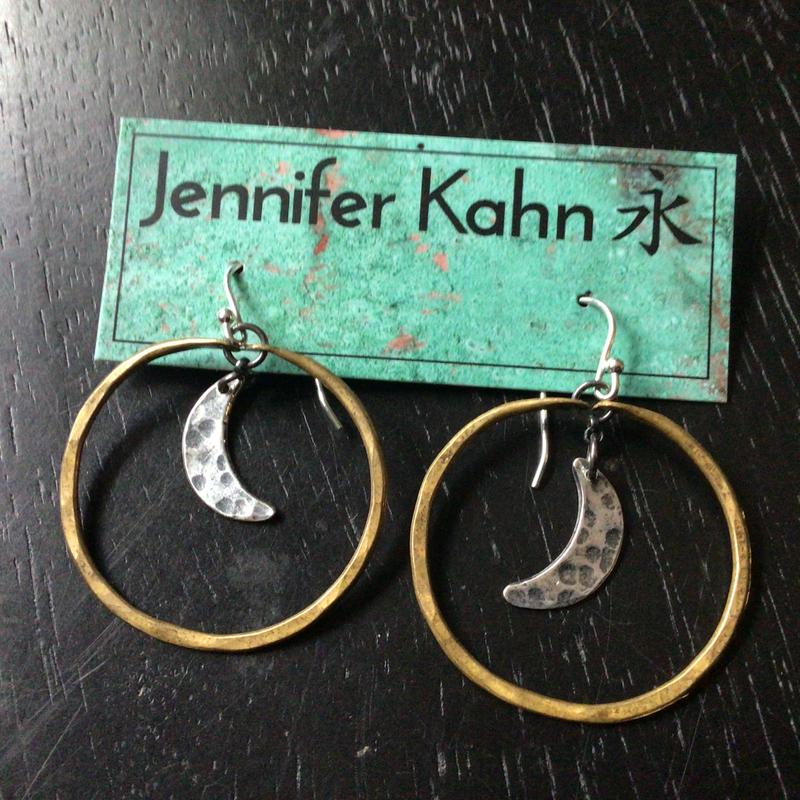 Moon Hoop Earrings - Brass Hoops, Silver Moons