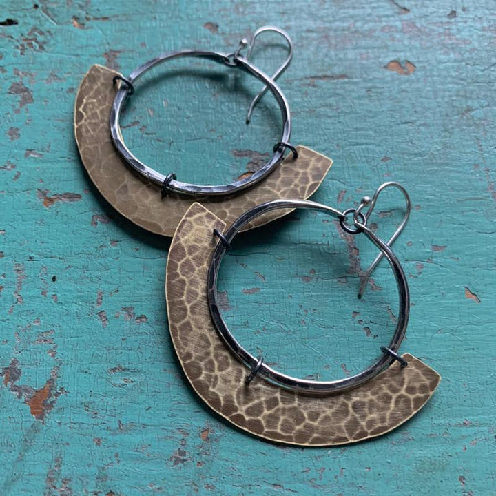 Mezzaluna Earrings - Silver Hoop w/ Thin, Hammered Light Brass Blade