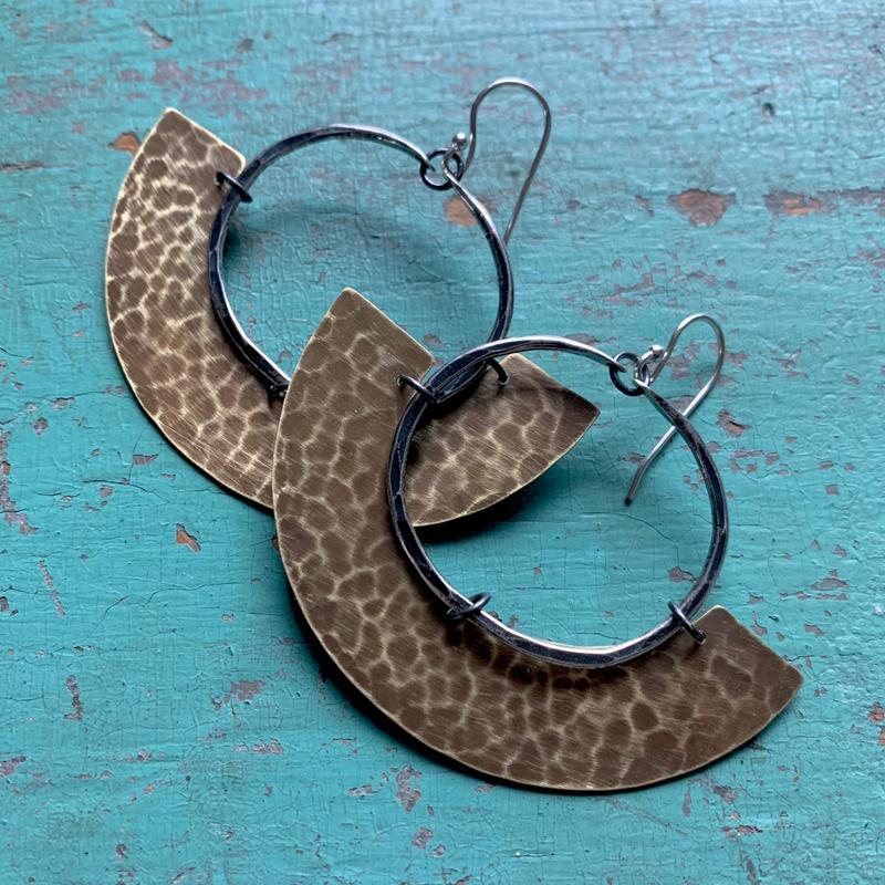 Mezzaluna Earrings - Silver Hoop w/ Thin, Hammered Light Brass Blade