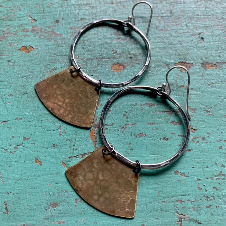 "Keyhole" Mezzaluna Earrings - Silver Hoop w/ Wide, Hammered Brass Blade