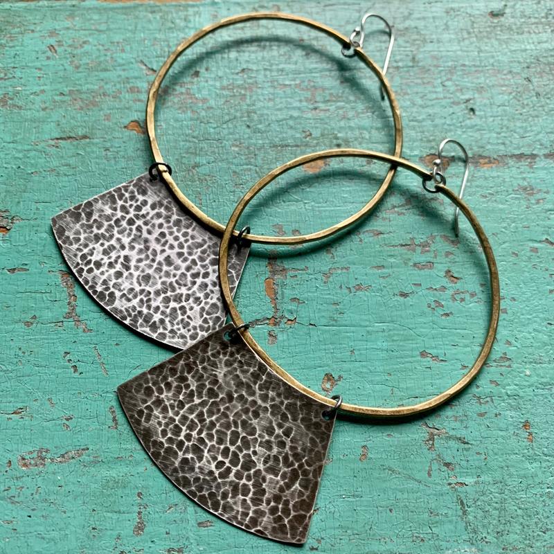 "Keyhole" Mezzaluna Earrings - Brass Hoop w/ Wide, Hammered Silver Blade