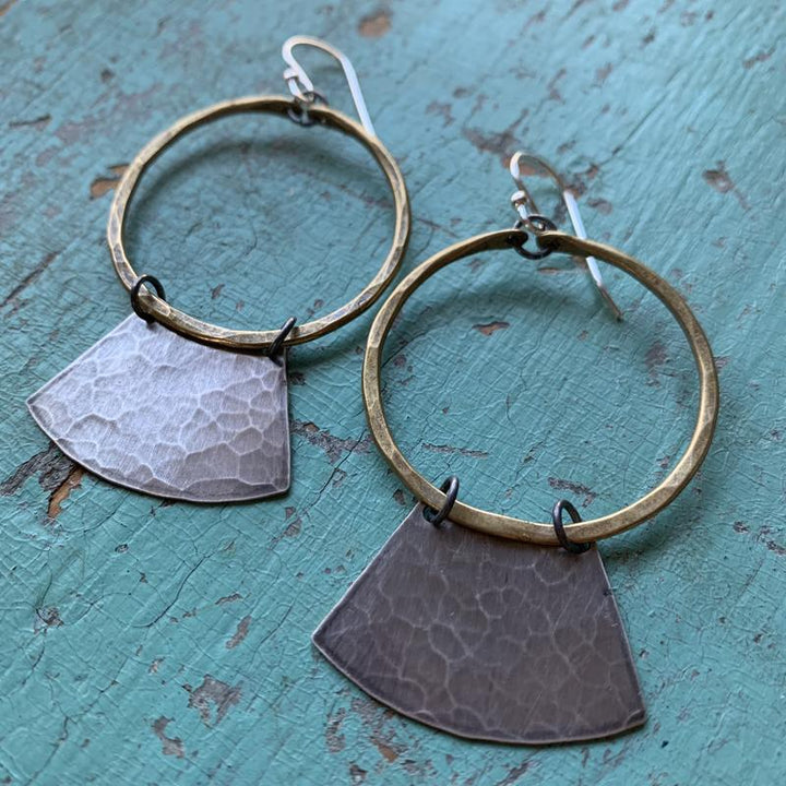 "Keyhole" Mezzaluna Earrings - Brass Hoop w/ Wide, Hammered Silver Blade