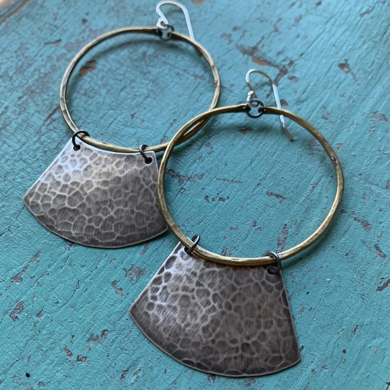 "Keyhole" Mezzaluna Earrings - Brass Hoop w/ Wide, Hammered Silver Blade