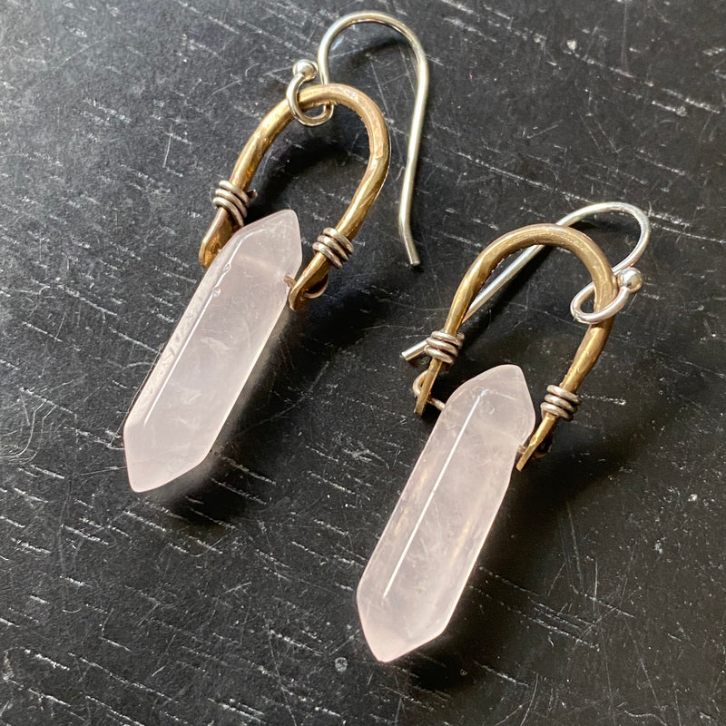 "Tiny" Taliswoman: Rose Quartz Double Point Earrings with Brass Bails/Silver Wire