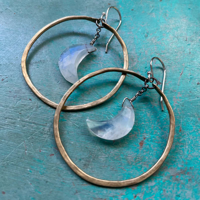 Faceted Moonstone Crescent Moons in Medium Brass Hoops