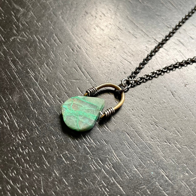 Raw Chrysocolla Teardrop Stone Taliswoman w/ Brass Bail, Silver Necklace