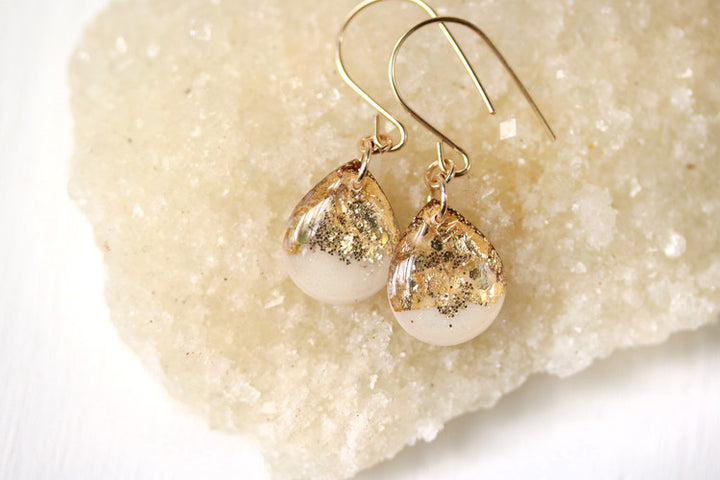 White and Gold Leaf Teardrop Drop Earrings