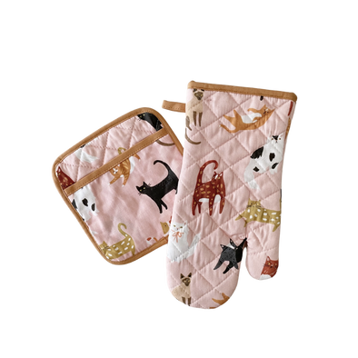 Cats Oven Mitt + Pot Holder Set