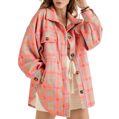 Plaid Button Down Jacket - Orange/Pink