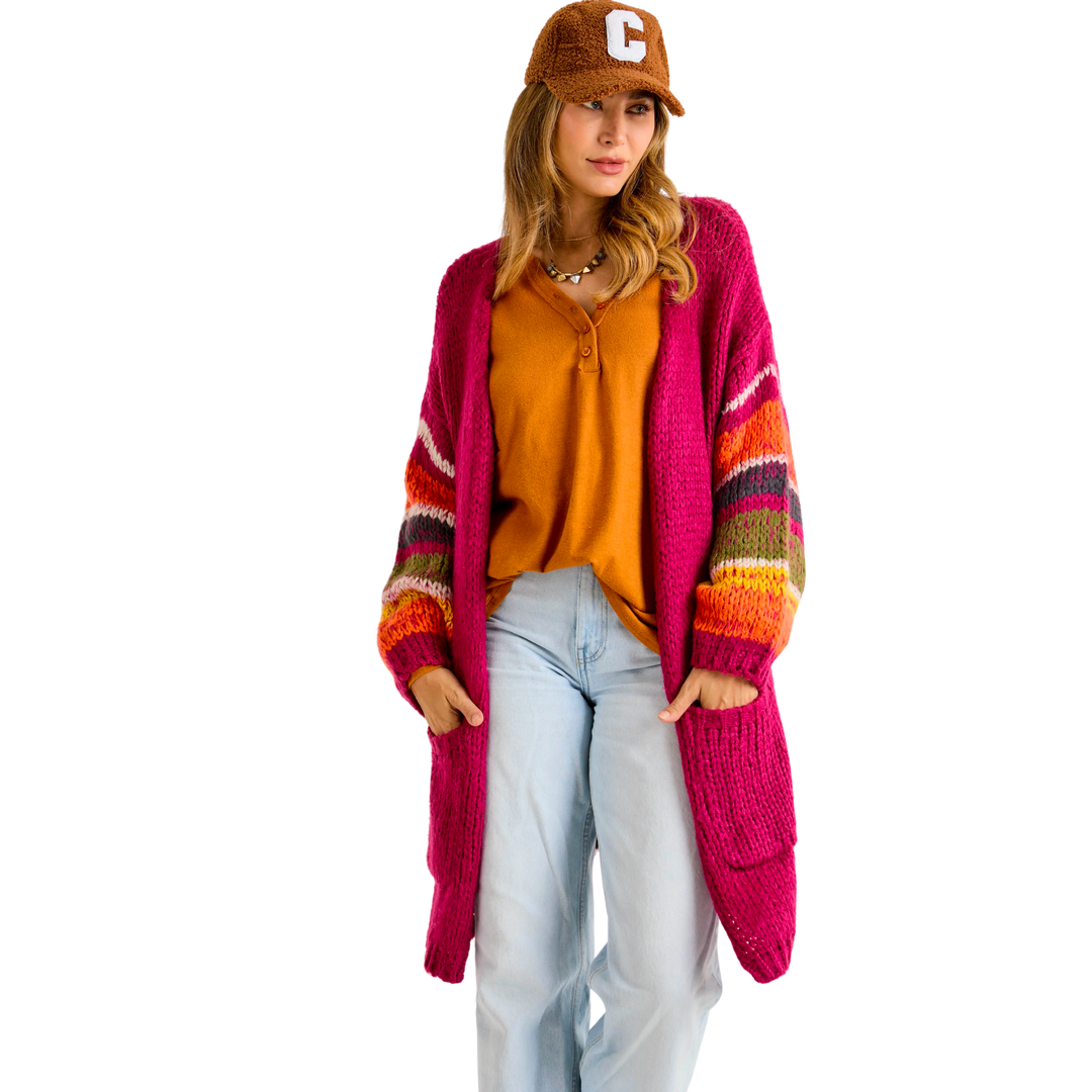 Open Front Sleeve Striped Accent Cozy Cardigan