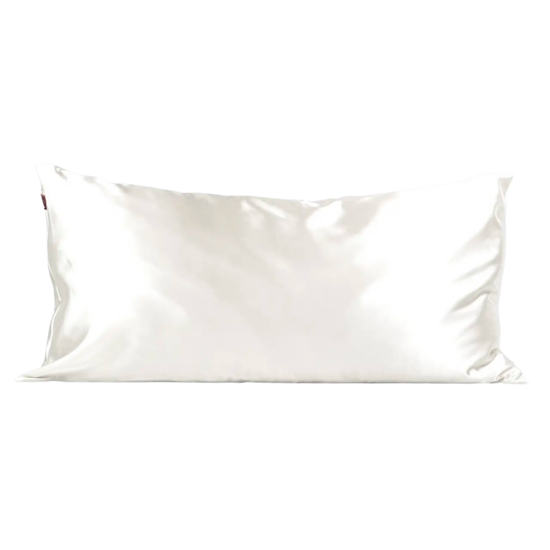 White satin pillow case. Helps minimize frizz and breakage through reduced friction. Reduction of breakouts due to less moisture and dirt absorption. Helps prevent wrinkles resulting from sleep Gentle on skin, hair, eyelashes, and eyebrows. Maintains cool temperatures throughout night Includes one King size pillowcase (36"x19")