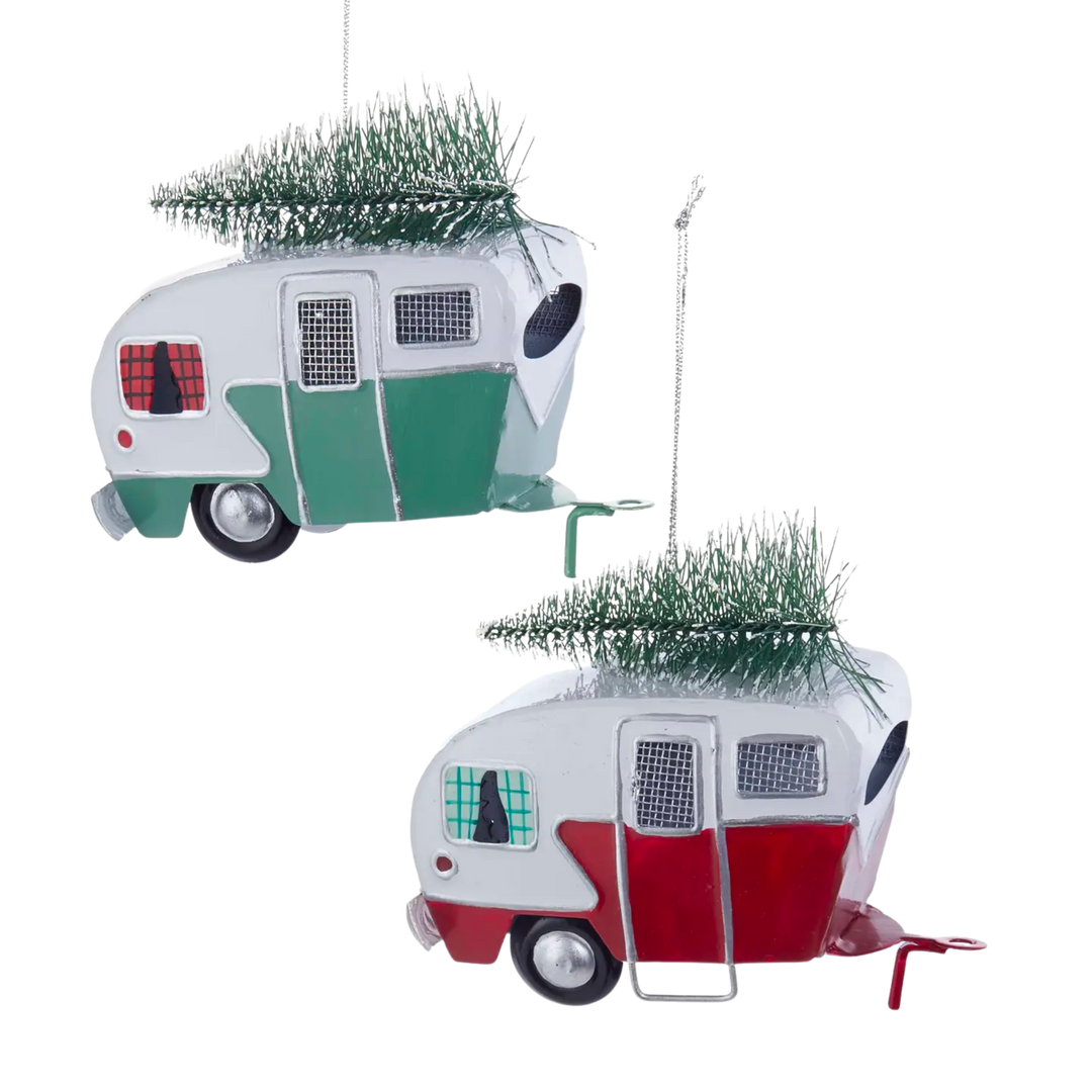 Tin Camping Car W/Tree Ornament 4.25"