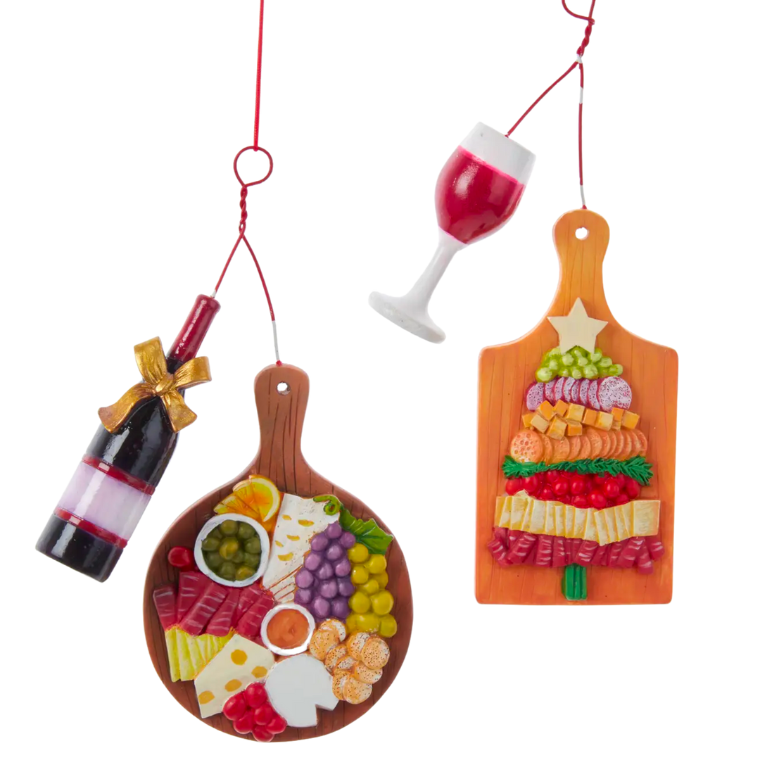 ornament shows both styles as options which are charcuterie board with glass of wine or bottle of wine