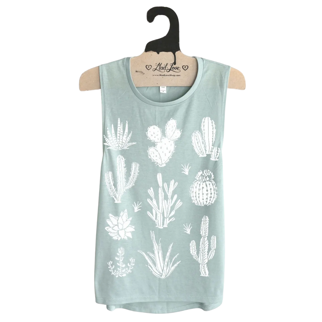Seafoam Muscle Tank with Cactus Print