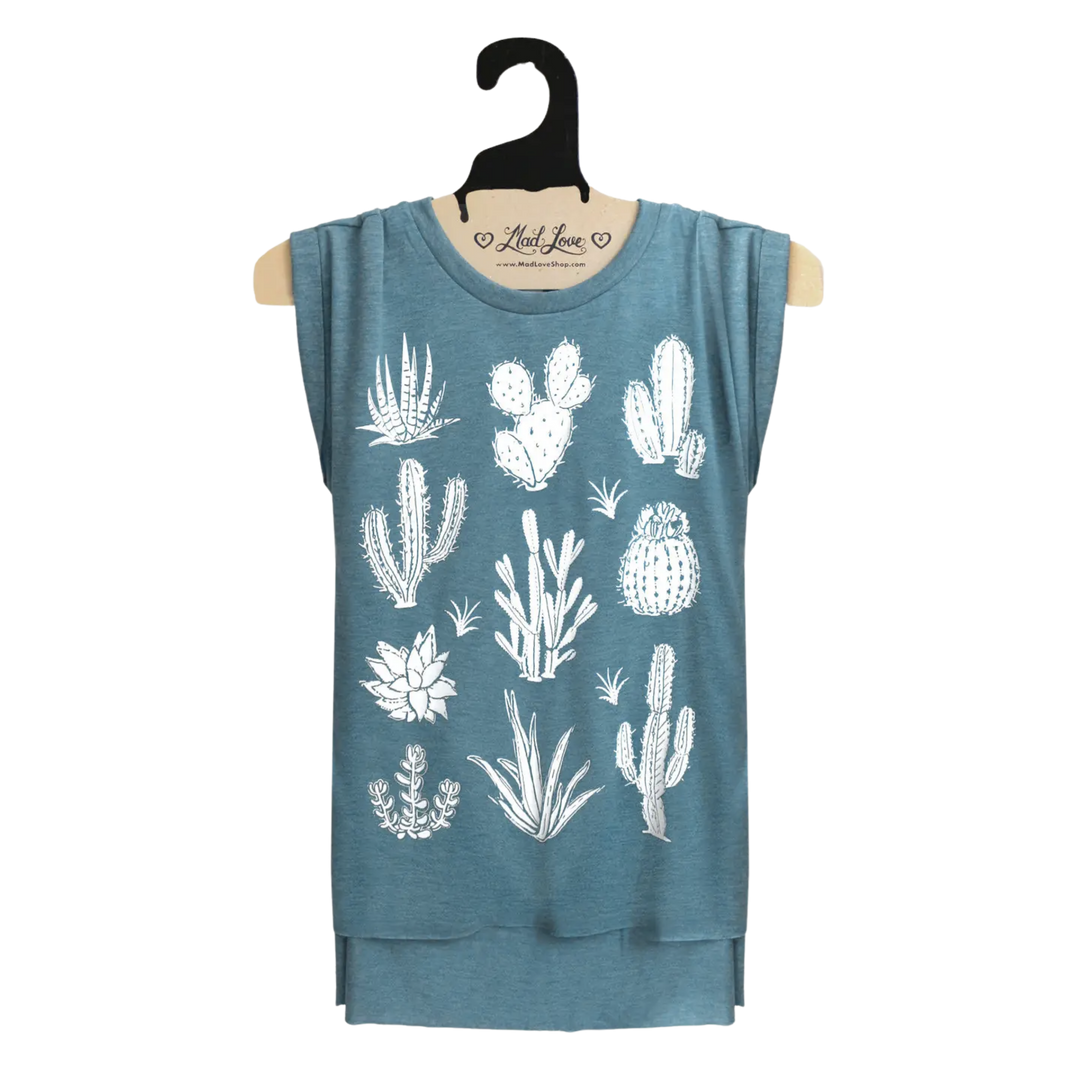 Tri Blend Blue Muscle Tee with Cactus Print